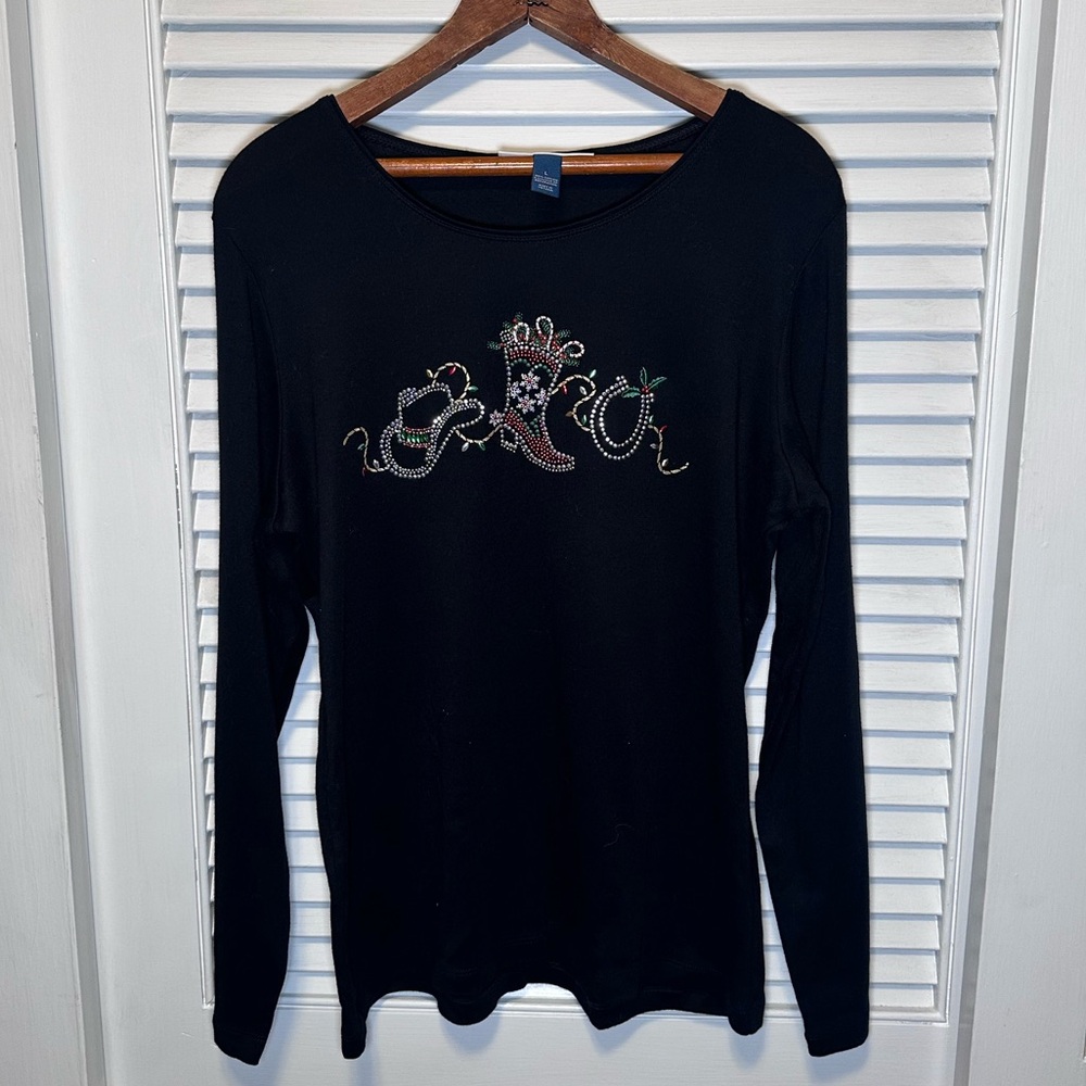 Karen Scott black long sleeve holiday shirt Woman’s Size Large